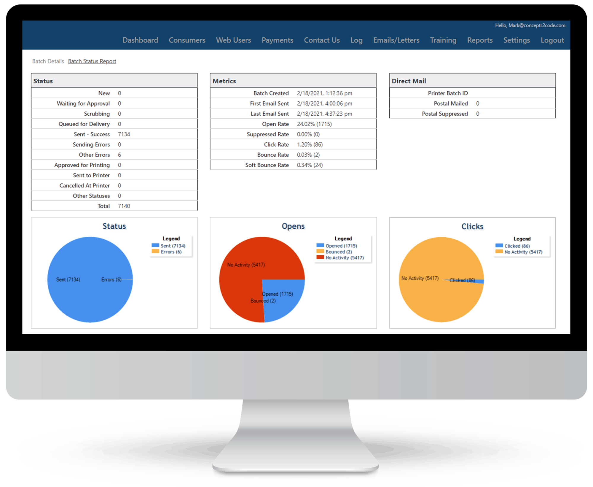 Desktop View of Software Interface Batch Status Report